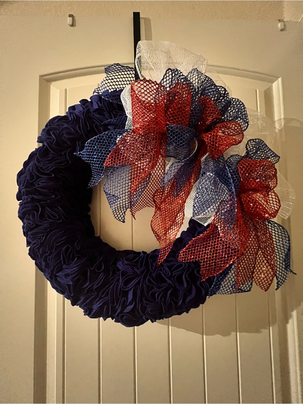 Patriotic Holiday Wreath.  Red, White & Blue Mesh Bow & Felt. Handcrafted.